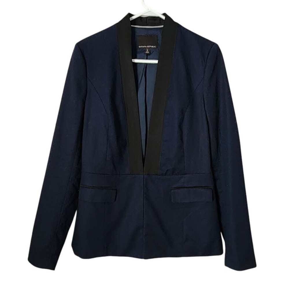 BANANA REPUBLIC Tuxedo Blazer Navy‎ Black Size 8 Tall Textured Jacquard